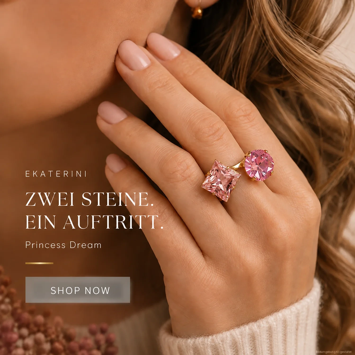 Ekaterini Ring PRINCESS DREAM rose-fuchsia, KI-gestaltete Bildumgebung, Produktfoto original