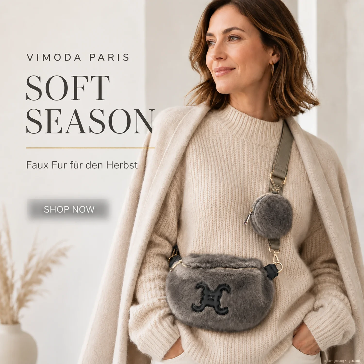 Vimoda Crossbody Tasche ODETTA Faux Fur grau, KI-gestaltete Bildumgebung, Produktfoto original