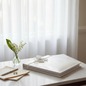 Preview: Trixi Gronau SABRINA photo album ivory white crocodile-embossed leather with cream satin ribbon bow on pale marble with lily of the valley, pearl earrings and silver pen in bright bridal suite