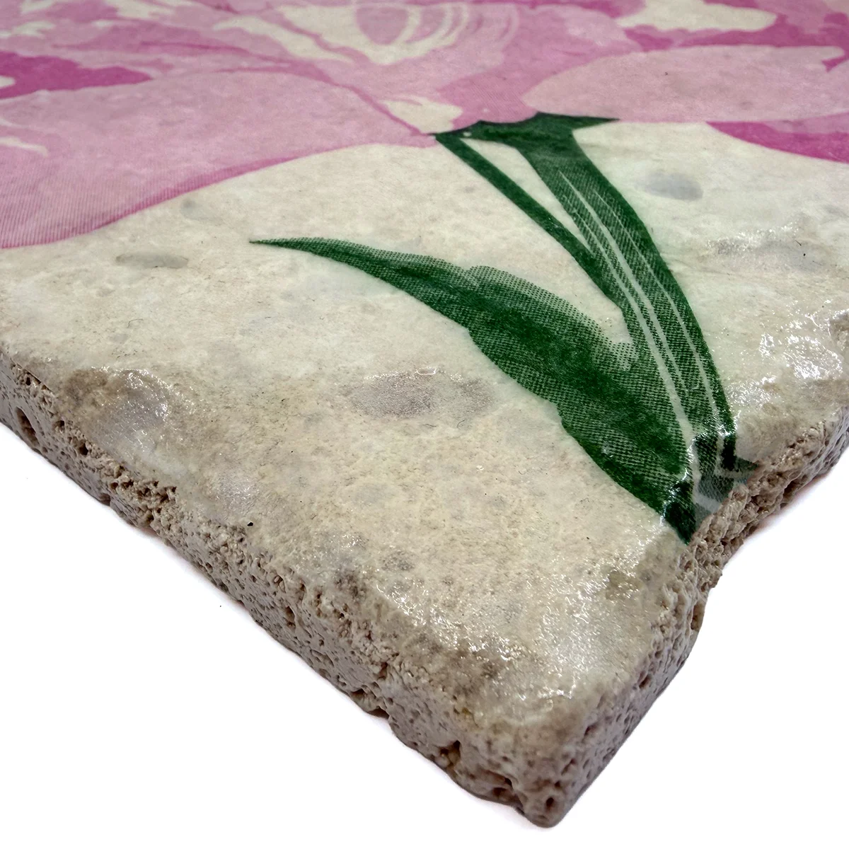 Preview: Travertin Untersetzer Pivoine Pfingstrose 20 x 20 cm von Trixi Gronau, detail