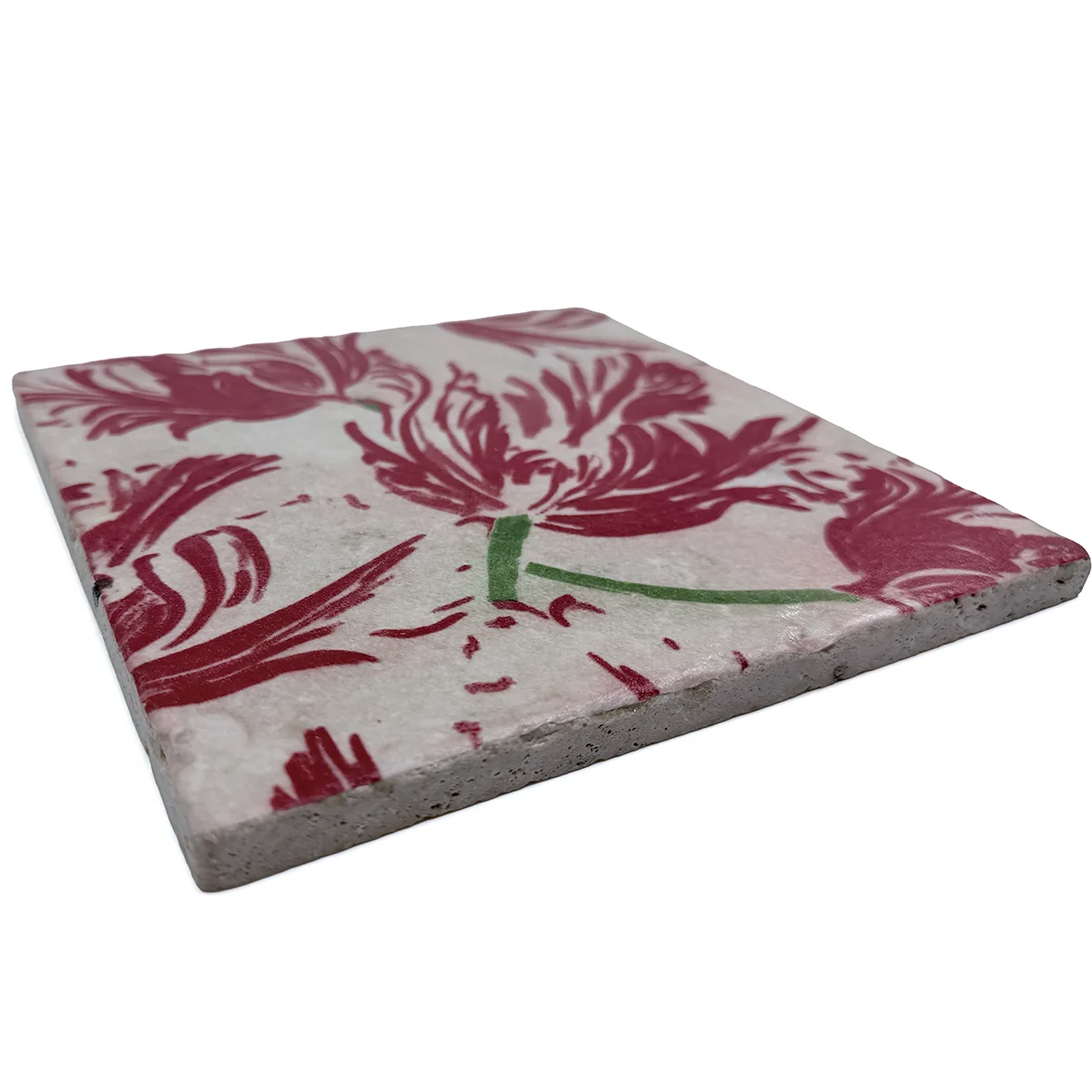 Preview: Travertin Untersetzer Tulipe rouge 20 x 20 cm von Trixi Gronau, side