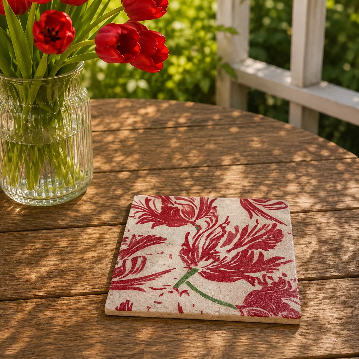 Preview: Travertin Untersetzer Tulipe rouge 20 x 20 cm von Trixi Gronau, style