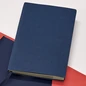 Preview: TREULEBEN Journal Refill M dotted in Dunkelblau mit Pale Gold Schnittkante, liegend auf einer roten Hülle