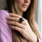 Preview: a cuckoo Moment silver cocktailring Manhattan, blue stingray, cabochon sandstone, pink gold plated, style