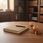 Preview: Trixi Gronau MAZZI A5 Notizbuch Kanuba tabac auf Walnuss-Bibliotheksschreibtisch mit Whiskey und Tabakblättern