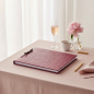Preview: Trixi Gronau CALLA A4 photo album cherry pink Dakar crocodile embossed leather with black leather cord binding on blush pink linen with rosé champagne, pink peony, gold pen and rose silk handkerchief in airy boudoir