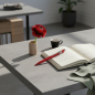 Preview: Caran d'Ache 849 COLORMAT-X Kugelschreiber in glaenzendem Rot auf modernem Beton-Schreibtisch mit Moleskine-Notizbuch, roter Ranunkel, Espresso und Leinenserviette in salbeigruen. Stilvolles Kreativ-Studio. Trixi Gronau Concept Store, Hamburg-Lokstedt.
