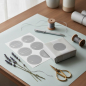 Preview: Embacollage round silver gift stickers sheet of six matte silver round labels laid flat on pale cool-grey paper, next to half-wrapped small gift in dove-grey kraft paper with one silver sticker sealing the fold, slim silver pen, spool of silver-grey twine
