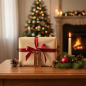 Preview: Ember Christmas gift tag MERRY CHRISTMAS bronze copper with gold embossed lettering tied to a kraft-paper-wrapped gift with deep red satin ribbon, fir branch, red bauble, pine cones and beeswax candle on walnut wood with softly lit Christmas living room b