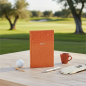 Preview: Trixi Gronau GOLF Diary tangerine orange iguana-embossed leather with silver lettering on sun-bleached oak table of Mediterranean golf-club terrace with golf ball, glove, chrome pen and terracotta espresso cup