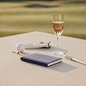 Preview: Trixi Gronau GOLF Diary royalviolett Lizard-Praegung mit Silberpraegung auf heller Steinplatte einer Golf-Clubhaus-Terrasse mit Golfball, Handschuh, Chromstift und Rose-Champagner