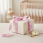 Preview: Vivant Geschenkband BABY FACE rosa (16 mm) als zarte Schleife auf cremefarbenem Babygeschenk, mit Schleierkraut und weisser Ranunkel auf weichem Leinen. Stilvolle Verpackung fuer Geburt und Taufe. Trixi Gronau Concept Store, Hamburg-Lokstedt.