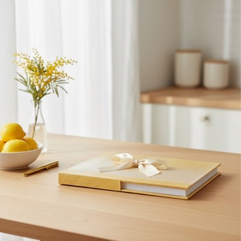 Preview: Trixi Gronau SABRINA Fotoalbum Iguana-Praegung sonnengelb mit cremefarbener Satinschleife auf hellem Holz mit frischen Zitronen, gelber Mimose und Goldstift in sonniger Kuechenecke