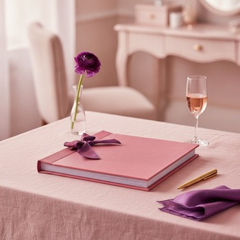 Preview: Trixi Gronau SABRINA Fotoalbum Galuchat-Praegung rosa mit lila Satinschleife auf zartrosa Leinen mit Rose-Champagner, dunkelvioletter Ranunkel und Goldstift im eleganten Boudoir