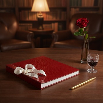 Preview: Trixi Gronau SABRINA photo album deep red crocodile-embossed leather with cream satin ribbon bow on walnut desk with red wine, dark red rose and brass pen in elegant evening library