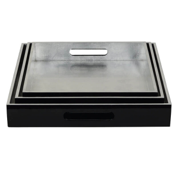 Preview: Tablett, Shiny, quadratisch, Lack schwarz Außen, innen Metallisch silber, 3 Größen, set