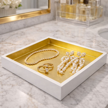 Preview: Mini Tablett, quadratisch, Lack weiss-gold, style Schmuck