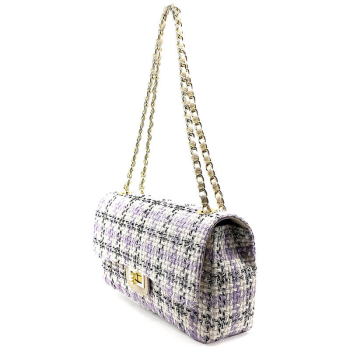 Schultertasche Marie, flieder-creme karierter Stoff, Kettenriemen, seitlich hängend