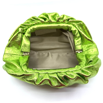 Clutch, Mia, soft leather, metallic green, open