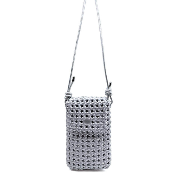 Kleine Schultertasche Lucifer Stoff geflochten silber, silberne Akzente, front