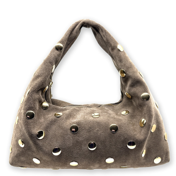 Shoulder bag Paula, suedeleather beige gold studs, front