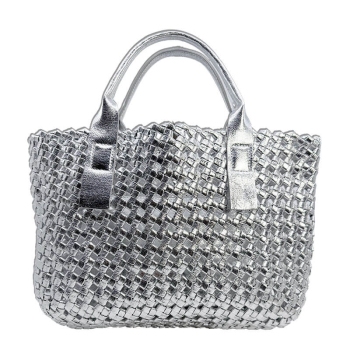 Tote Bag Zita, geflochtenes veganes Leder leder, Metallic silber, front
