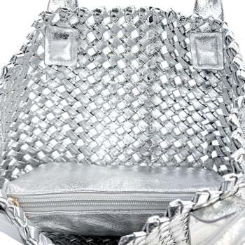 Tote Bag Zita, geflochtenes veganes Leder leder, Metallic silber,inside