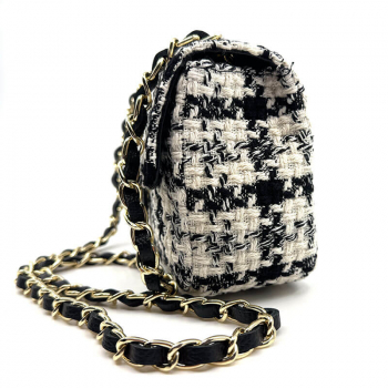 Shoulder bag Marie S, cream-black, checkered fabric, chain strap, side