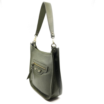 Preview: Schultertasche, Sly, Leder oliv, geprägt, seitlich