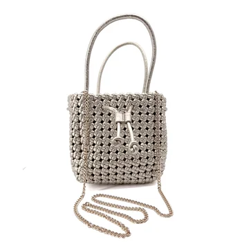 Vimoda Cleo champagne handbag with the gold-tone metal chain attached