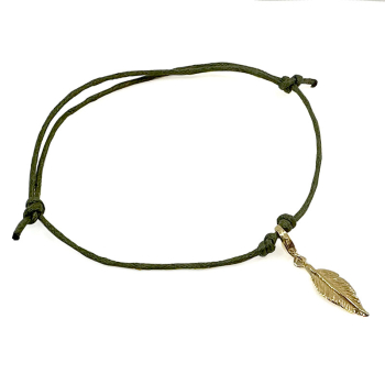 Bernardes bracelet, Soul, silver Feather, green cord, gold accents