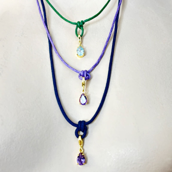 Bernardes necklace, Charm, pendant small charms armethyst purple, cord lilac, gold accents, range