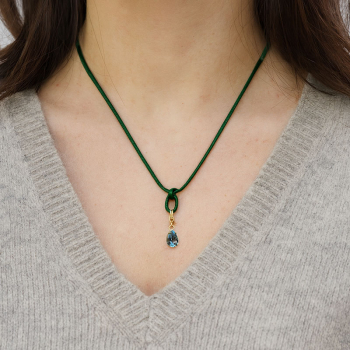 Bernardes necklace, Charm, pendant small charms topaz, blue, cord green, gold accents, Modell style