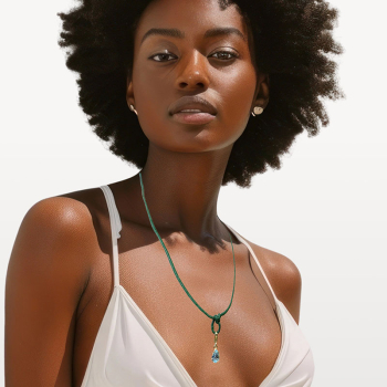 Preview: Bernardes, Halskette, charmn, Anhanger Topaz blau, grüne Kordel und silber Anhänger vergoldet, style