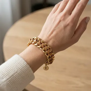 Preview: Vain, Panzerarmband, Silber rosevergoldet, Leder Flechtband, detail, style