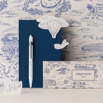Caran d'Ache Toile de Jouy ballpoint pen with blue and white illustrated packaging