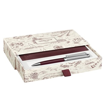 Preview: Caran d'Ache Léman Bordeaux Kugelschreiber mit Lederetui in geöffneter Geschenkbox