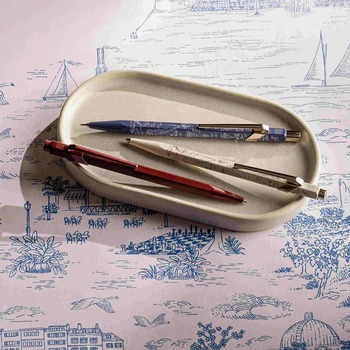 Caran d'Ache Toile de Jouy Geneva Edition 2026 writing instruments in white blue and burgundy