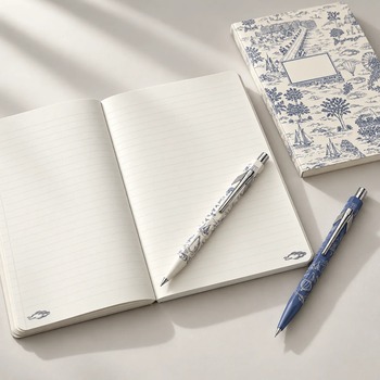 Preview: Caran d'Ache Toile de Jouy White Blue writing instruments with Geneva illustrations on an open notebook