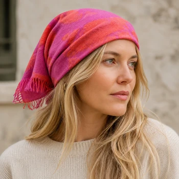 Preview: Frau trägt Cute Stuff Dahlia Wild Berry Cashmere Bandana als Kopftuch, KI-Visualisierung