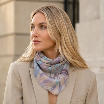 Preview: Frau trägt Cute Stuff Ginko Eisblau Cashmere Bandana als Halstuch, KI-Visualisierung