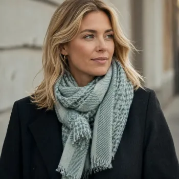 Preview: Frau tr&auml;gt Cute Stuff Cashmere Schal Luna Sage Tea, KI-Visualisierung