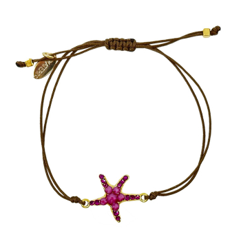 Ekaterini Freundschaftsarmband, Starfish, Seestern, pinke Swarovski Kristalle an brauner Kordel und goldenen Akzenten