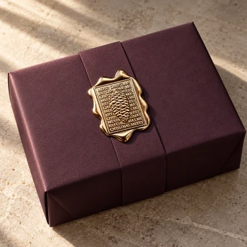 Gold Embacollage CHRISTMAS CONE seal sticker on an aubergine gift box with matching paper band, styled lifestyle image