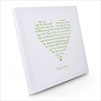 Painting on canvas white love poem erich Fried , print green background white, side
