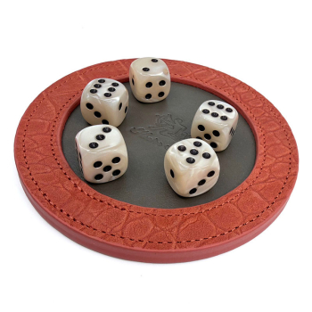 Hector Saxe LEATHER DICE CUP in orange and dices, base with dices