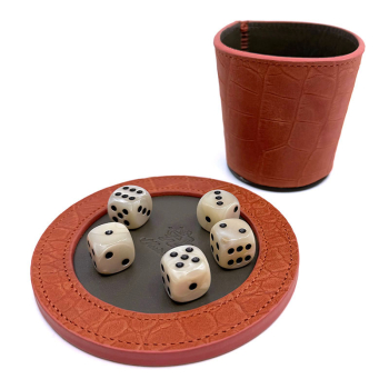 Hector Saxe, Leder würfelbecher mit Leder Unterlage in orange und Würfeln