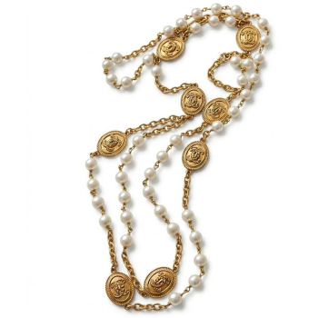 Interdee, halskette lang, coco, weihe Perlen ,mattgoldene florale Medillons