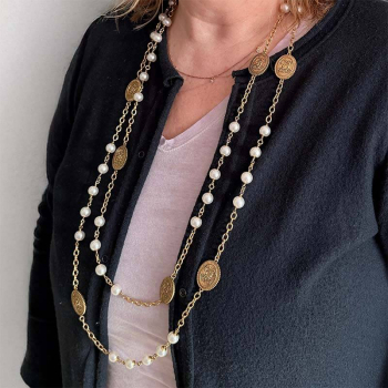 Preview: Interdee, halskette lang, coco, weihe Perlen , mattgoldene florale Medillons, style