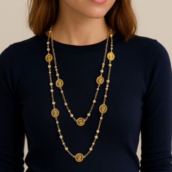 Preview: Interdee, halskette lang, coco, weihe Perlen , goldene florale Medillons, style